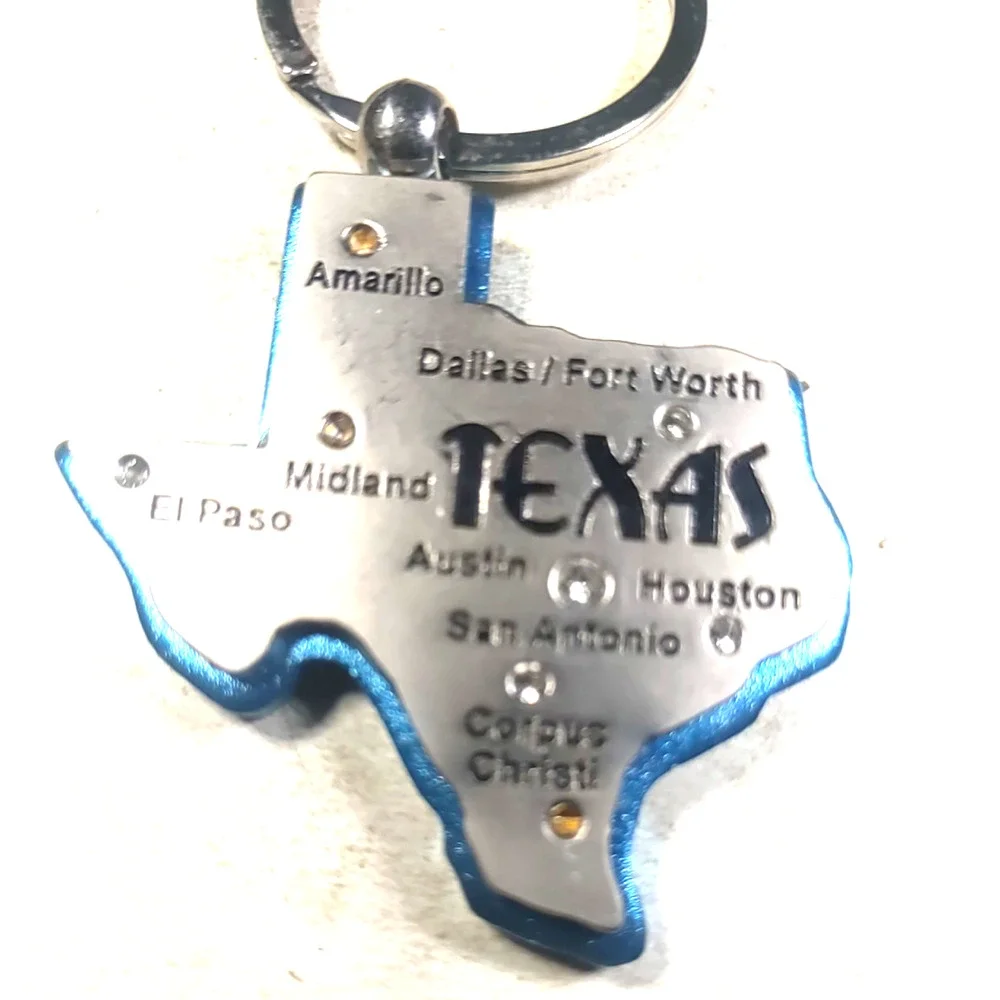 Texas metal Keychain Blue Silver Tone Rhinestone Map City